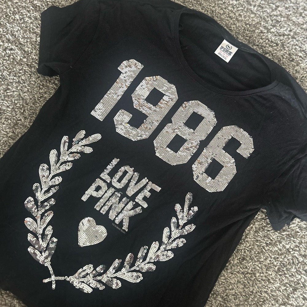 PINK Victoria's Secret Black Tee with Silver Sequin Graphic